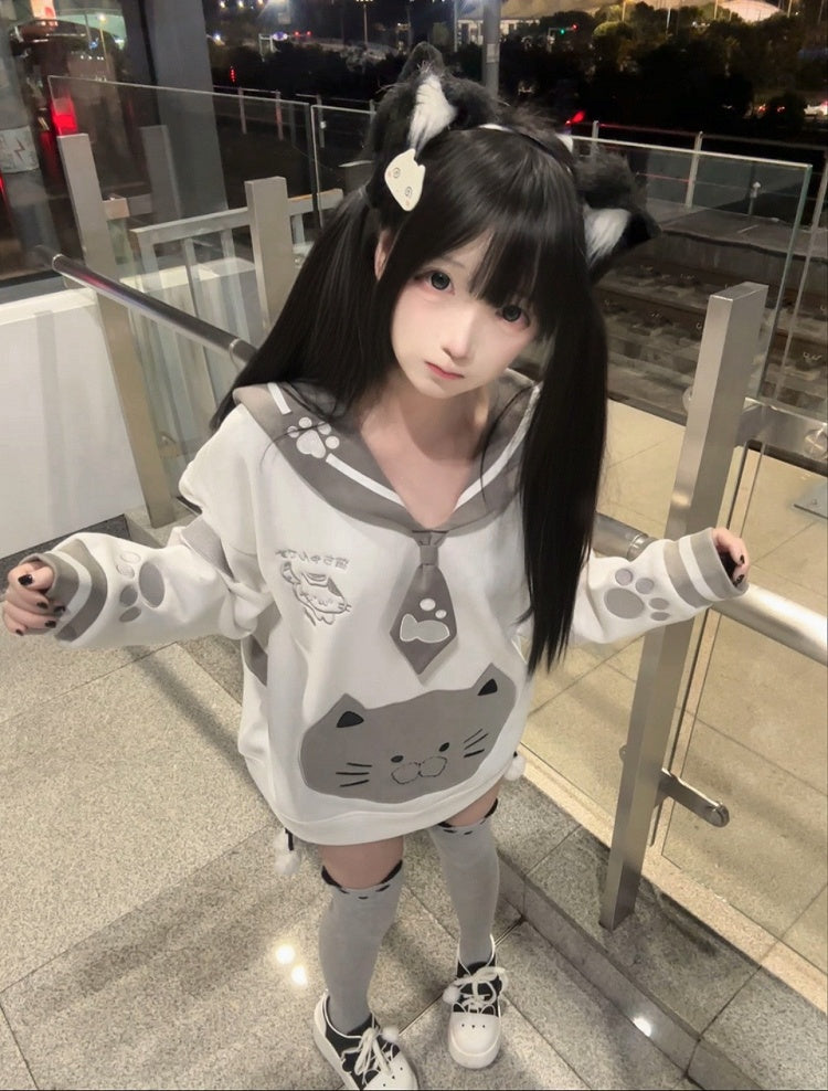 Kawaii Puff Core Cat Sailor with 3D Collar Embroidery Sweatshirt Design Otome White Gray