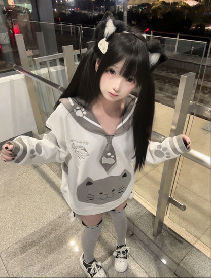 Kawaii Puff Core Cat Sailor with 3D Collar Embroidery Sweatshirt Design Otome White Gray