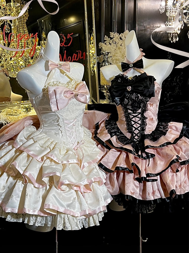 ピンクの蝶結び生地のティアードパフィースカート、ホルターネック、バースデーコルセットドレス