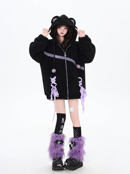 Schwarzer dicker Kapuzenmantel mit Bärenohren und Schnürung