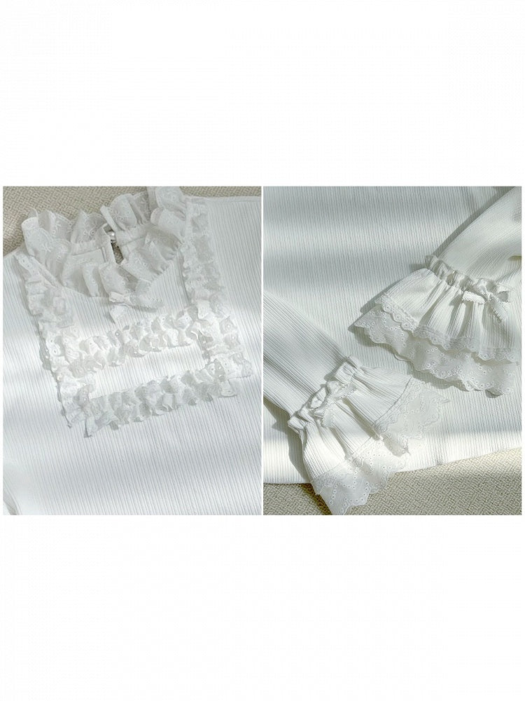 Long Sleeve Lolita Knit Top in White with Stand Collar & Ruffle Detail - With PUJI