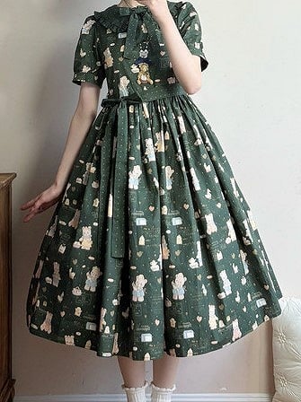 Lolita Green Version Sweet Short Dress Dark Bear Sleeves Print