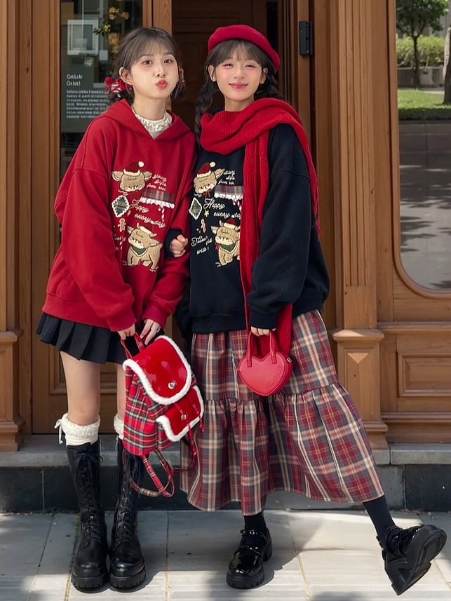 Christmas Red Cute Reindeer Appliques Thick Hoodie