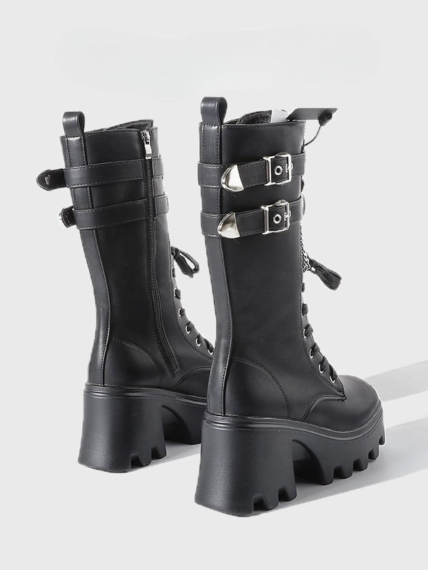 Boots Charm Gothic Mid-Calf Chain Sole - System Chunky Fastening Black Triple with