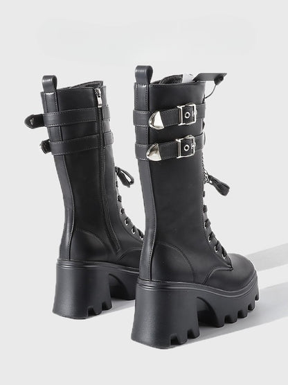 Boots Charm Gothic Mid-Calf Chain Sole - System Chunky Fastening Black Triple with