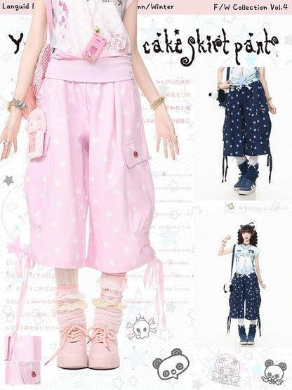 Casual Kawaii Blue Star Print Wide-Leg Cropped Cargo Pants with Drawstring Details