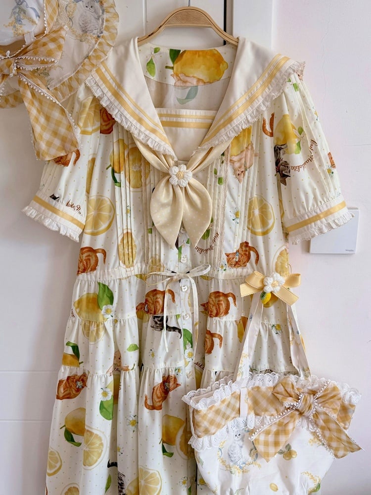Yellow Sailor Collar Floral Print High Waist Dress with Cat Motif - Cutey Mask