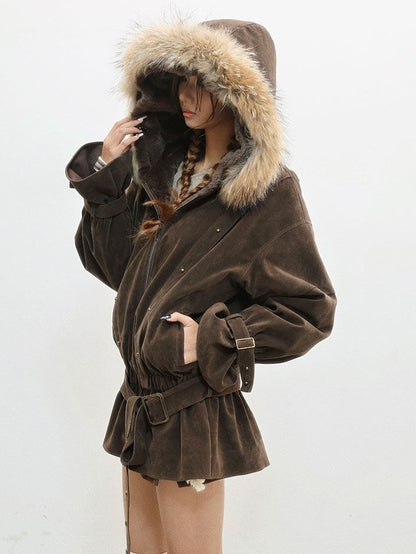 Hood Belt Coffee with Waist Plush Jacket - Hooded Edge Punk