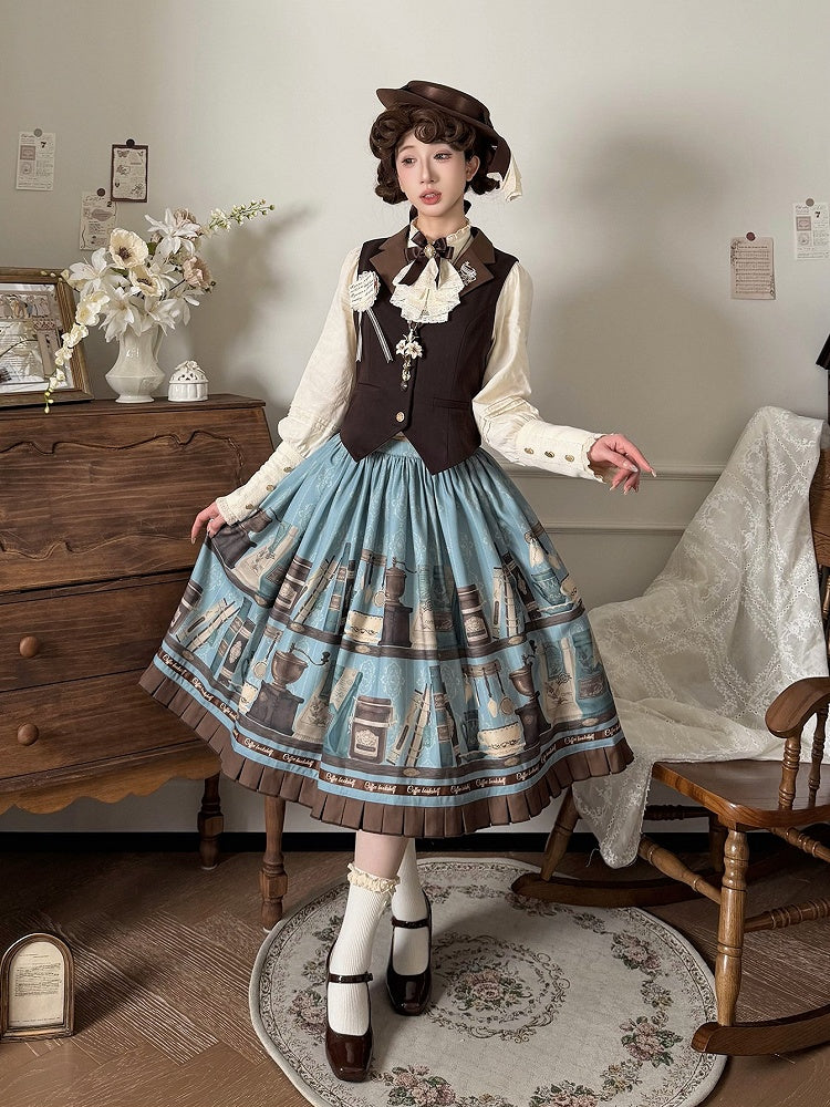 Blue Brown Coffee Cup Bookshelf Print Elegant Skirt Ruffled Hem - Dream Whale
