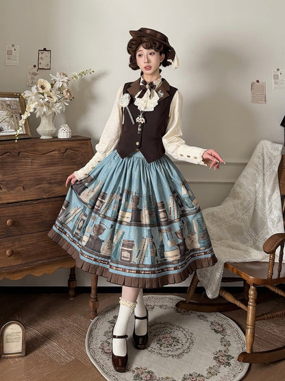 Blue Brown Coffee Cup Bookshelf Print Elegant Skirt Ruffled Hem - Dream Whale