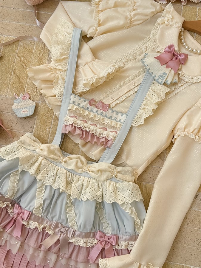 Pink Blue Hem Cupcake Overall and Skirt Bodice Sweet Strawberry Embroidery Cake Lolita