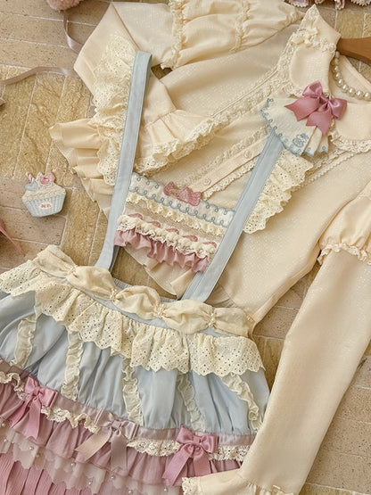 Pink Blue Hem Cupcake Overall and Skirt Bodice Sweet Strawberry Embroidery Cake Lolita