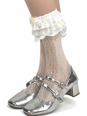 Lace Trim Bowknot Lolita Calf And Beaded Decorated Socks Beige Wings