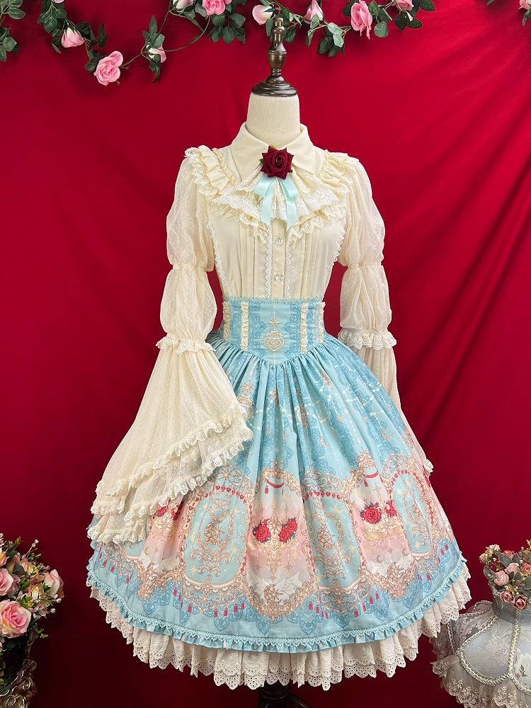 Blue Elegant Corset Belt High Waist Floral and Moon Lolita Skirt