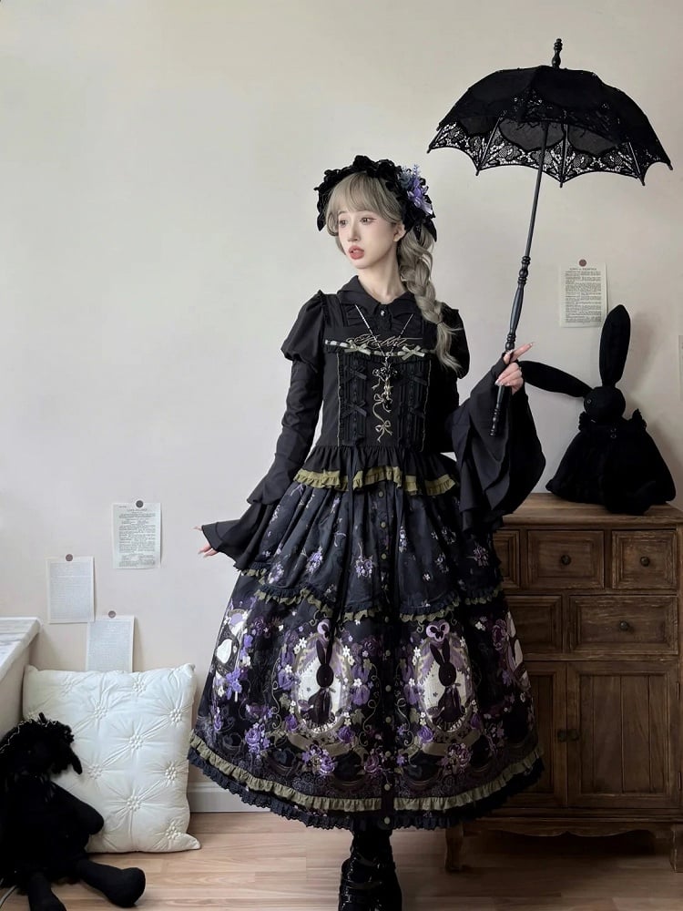 Bow Ruffle Embroidery with Top Lolita and Black Details