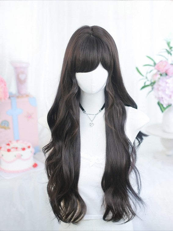 長さ65-70cm、黒、前髪あり、ウェーブウィッグ付き、茶/ブラウン、サイドスウィープ