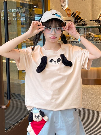 T-Shirt Plüsch Welpenohren Locker Beige Rundhals
