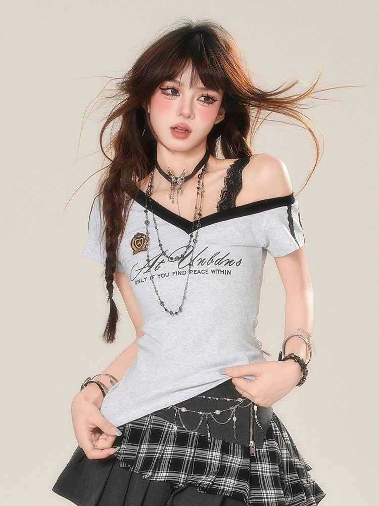 Cutout Gray Shoulder Glamorous Asymmetrical Neckline Graphic T-Shirt