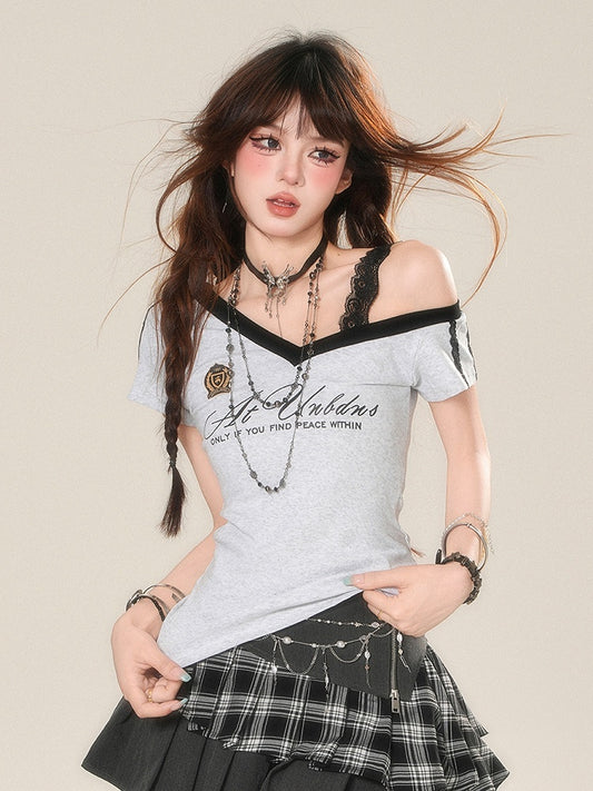 Cutout Gray Shoulder Glamorous Asymmetrical Neckline Graphic T-Shirt