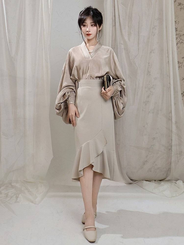 Skirt Mermaid Beige Chinese Partial Waist Style Ruffle Edge Elastic in