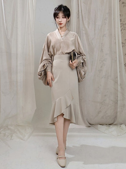 Skirt Mermaid Beige Chinese Partial Waist Style Ruffle Edge Elastic in