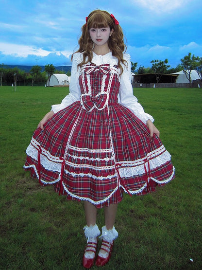 mit Akzenten Rock gewellter Pullover süß kariert Lolita Schleife Rand roter Besatz