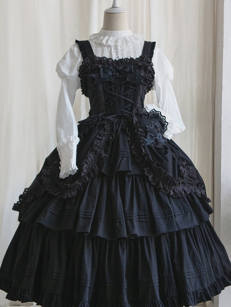 Heart-shaped Lolita Version Bowknots Black Dress and with Long JSK Ruffled Gothic Decoration
