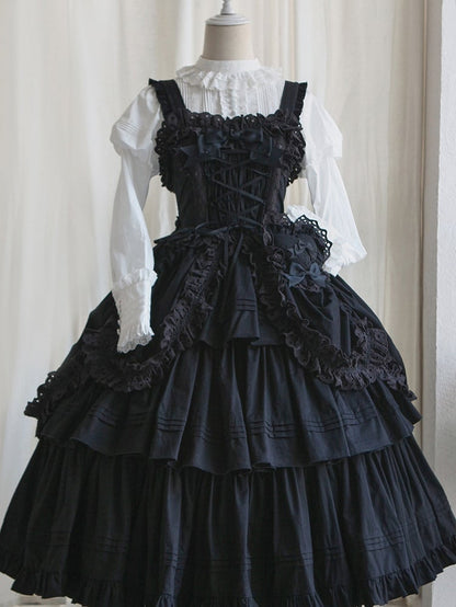 Heart-shaped Lolita Version Bowknots Black Dress and with Long JSK Ruffled Gothic Decoration