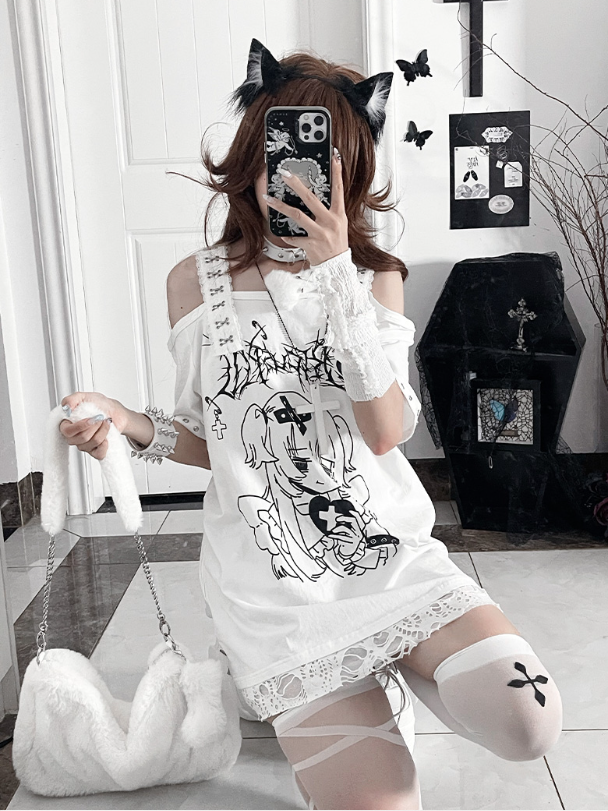 Topwith White Subculture Girl Gothic Anime PrintCross-Buckle Straps Off-Shoulder