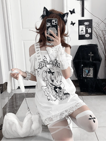 Topwith White Subculture Girl Gothic Anime PrintCross-Buckle Straps Off-Shoulder