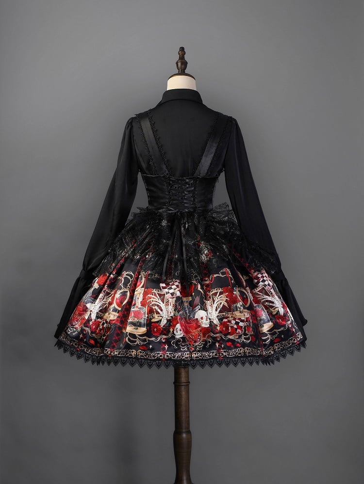 Bust Skull Short Gothic Spider Red and Under Rosette Lolita JSK Overlay with Dress Print Web