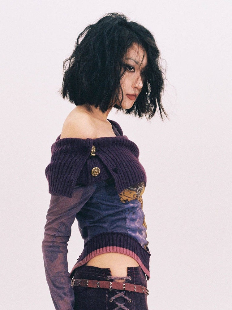 Sleeve Collar Floral - Accent Bell Knitted Top Purple Deep Print