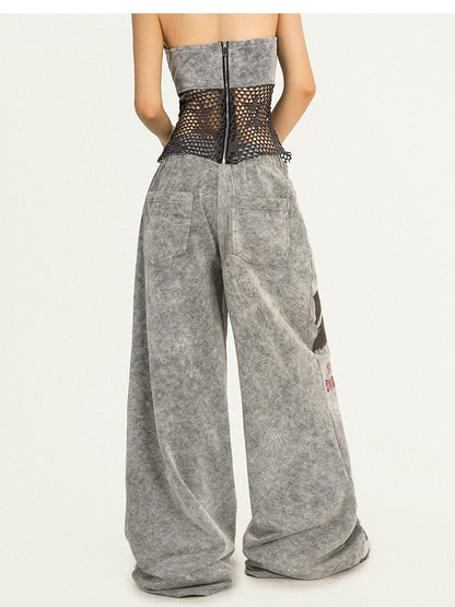 Casual Gray Vintage Wide Leg Trousers with Letter Print Pattern