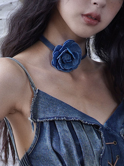 Blue Denim Rose Choker with Metal Chain Detail