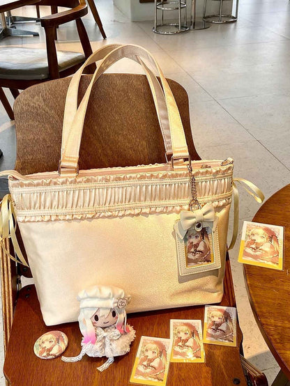 イエロートリムリボンボウラージイタバッグ大容量トートバッグフリル付き