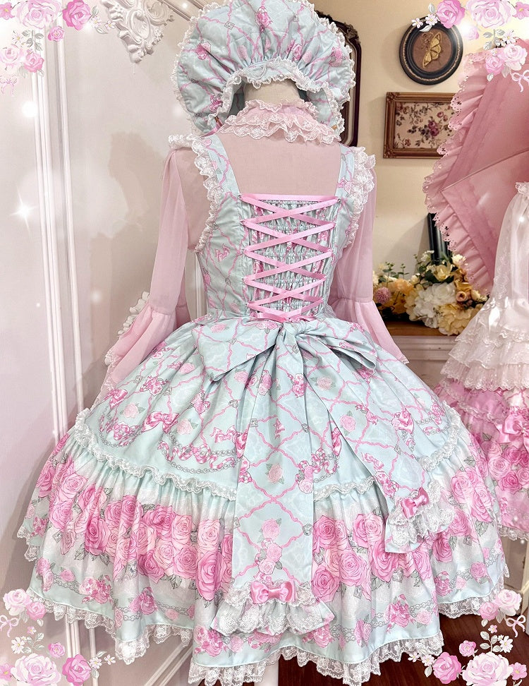 Mint Green Rosette Print Lace JSK Dress - TaTaTa