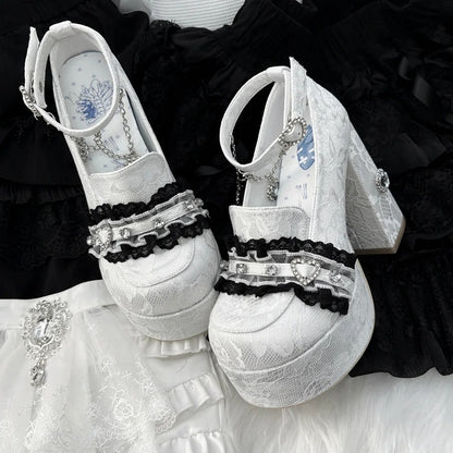 Platform Heels: 12cm White Heart Lace with Kei Jirai Rhinestone