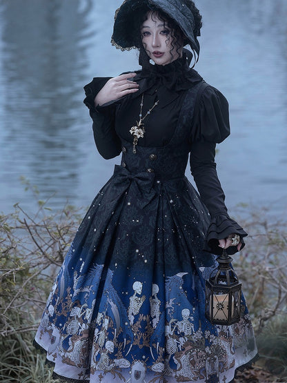 Blue Gothic Lolita and Under with Cross Bust Dress Black Lace Print Trim Skeleton