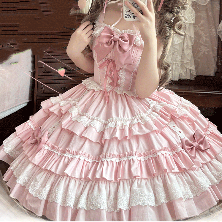 Full front view of pink Sweet Lolita JSK with tiered scalloped skirt