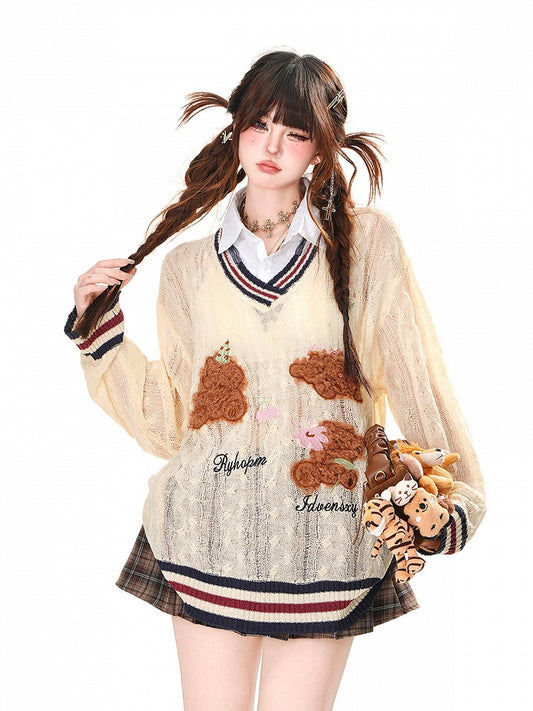 Stil Bär Muster Apricot Preppy Faux Zwei-Stücke Hemd Sonnenschutz Hohl-out