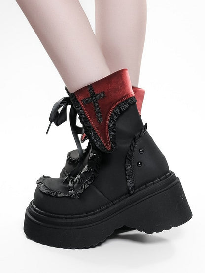 Red Gothic Studded Ankle with Accents Cross Boots Platform Details Black