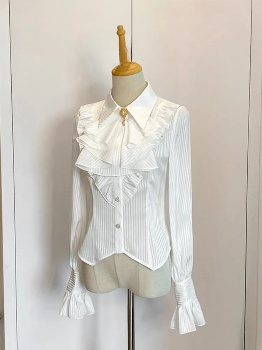 Flat Long Shirt Pointed Fabric White Sleeves Jabot Collar Striped