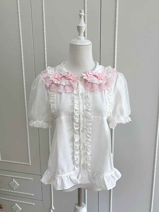 Lolita Round Sleeves Flat Shirt Collar Pink White Short and