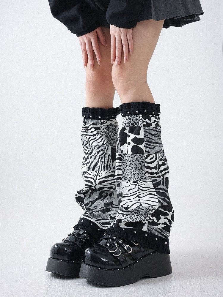 Black and White Zebra Pattern Ruffle Leg Warmers - Solost