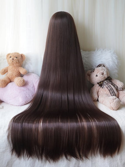 Dunkelbraun/Blond/Pink, lange, glatte Perücke mit vollem Pony