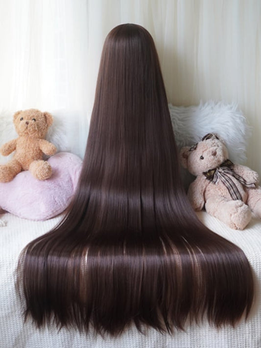 Dunkelbraun/Blond/Pink, lange, glatte Perücke mit vollem Pony