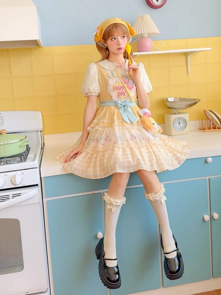Erdbeerkuchen Stickerei Süßer Rock Lolita Kleid Große Schleife Cremegelb Stufen