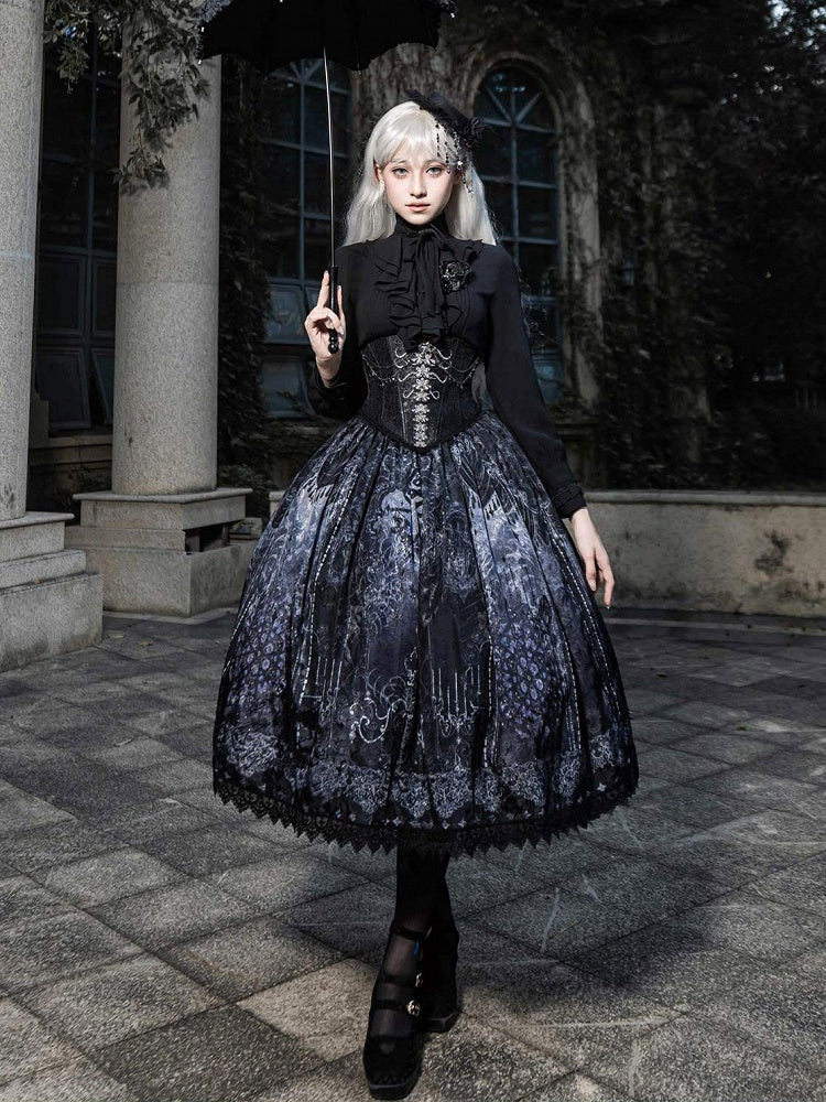 Gothic Print Skirt with Lolita and Elastic Waist Butterfly Ribs