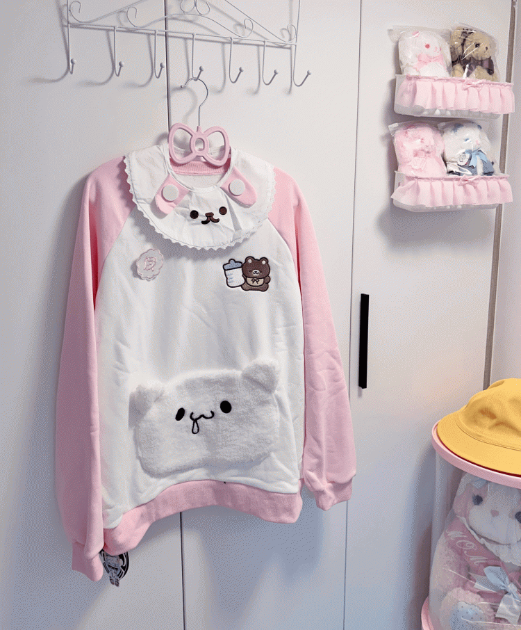 Sweatshirt: Bib Pink White Bear Embroidery