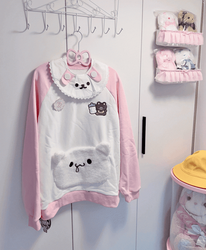 Sweatshirt: Bib Pink White Bear Embroidery